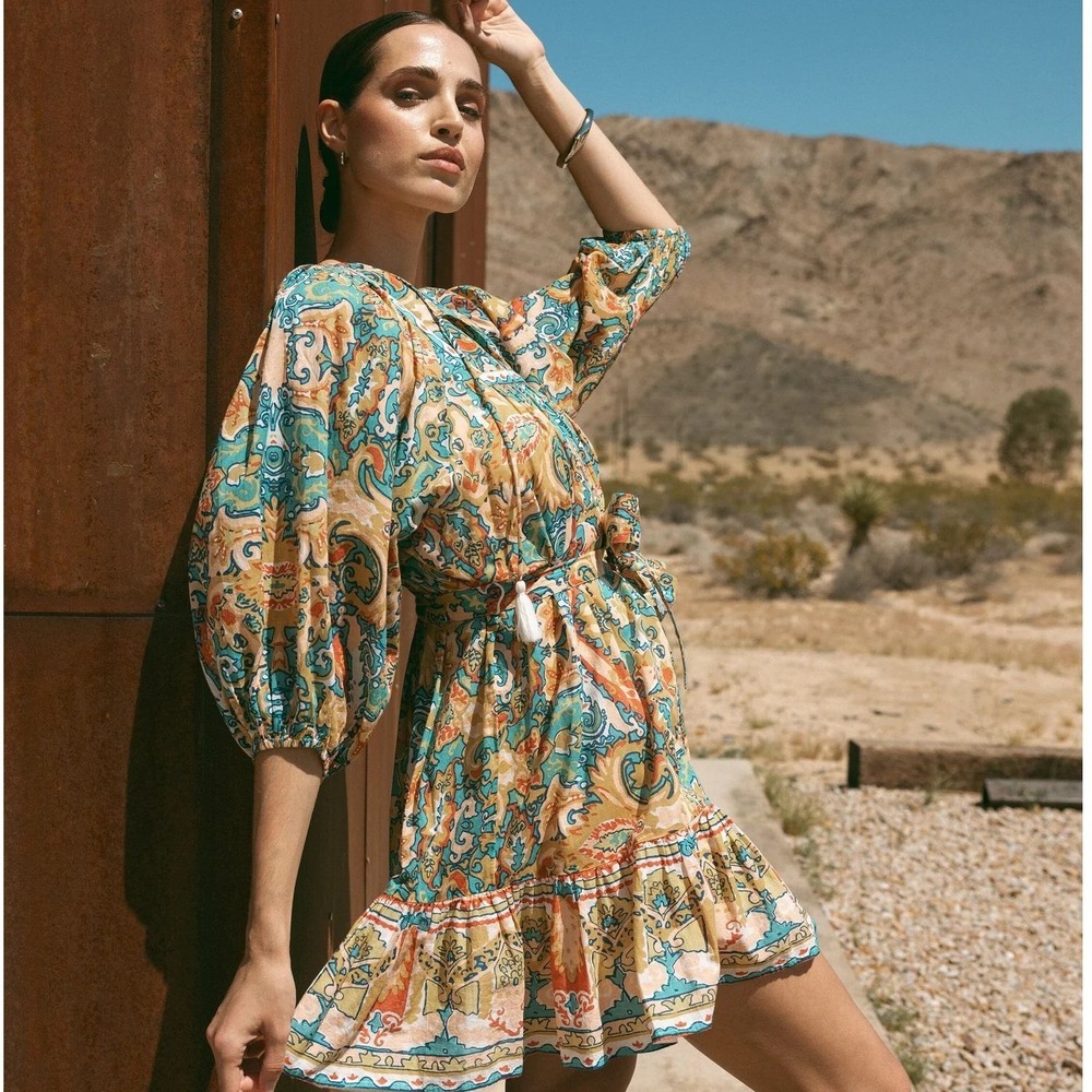 Cleobella Magdalena Mini Dress Las Palmas Sz‎ Medium Paisley Boho Balloon Sleeve